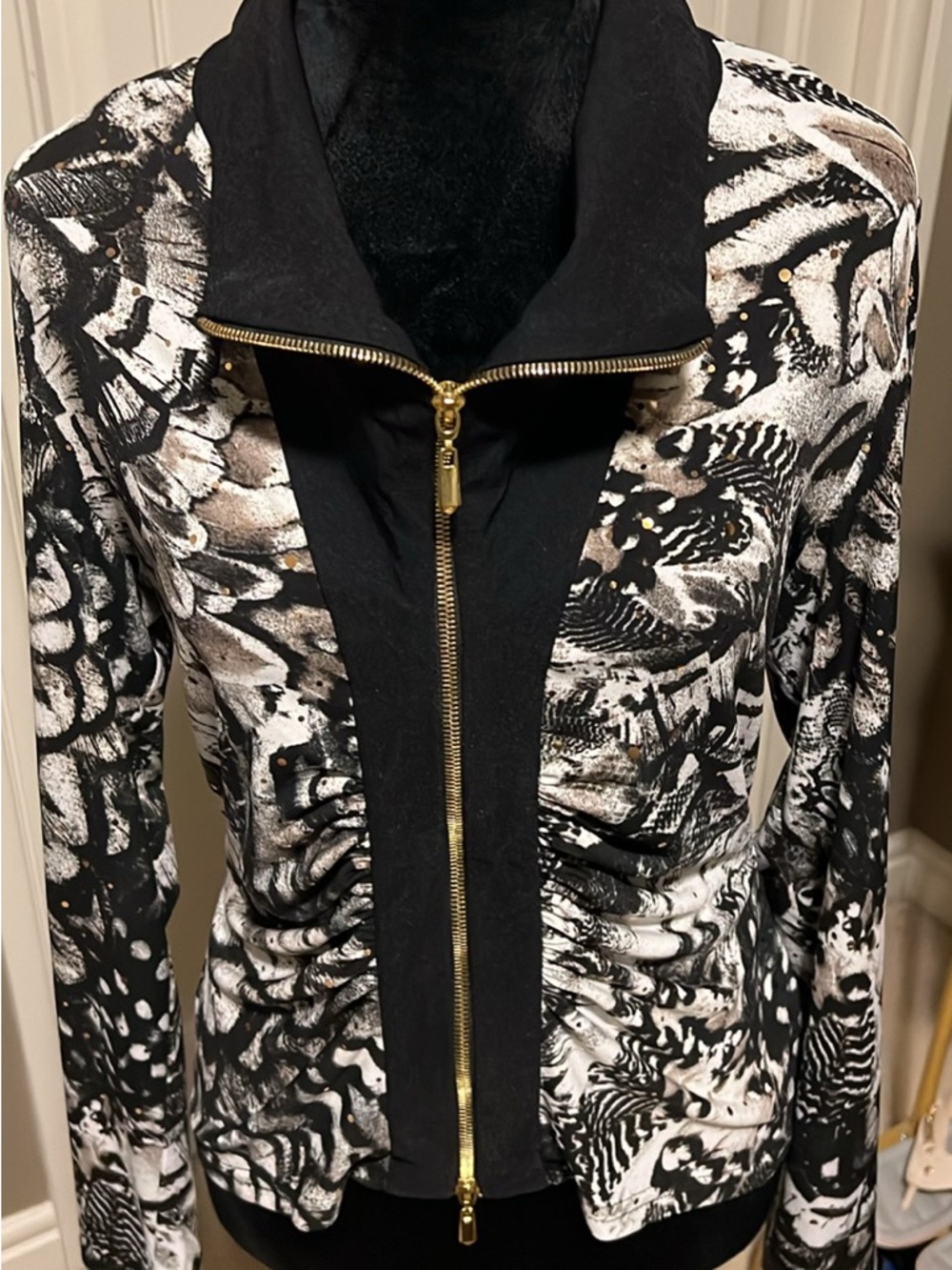 Joseph Ribkoff Black and White Abstract Zip-Front Bomber Jacket